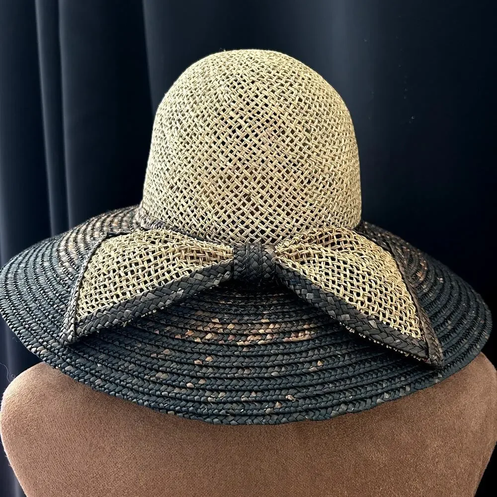 Vintage Natural Fiber Straw Hat Bow Trim Black 21.5